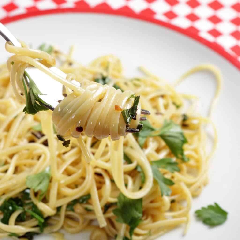 spaghetti pasta on a white plate on a red and white checkered table cloth