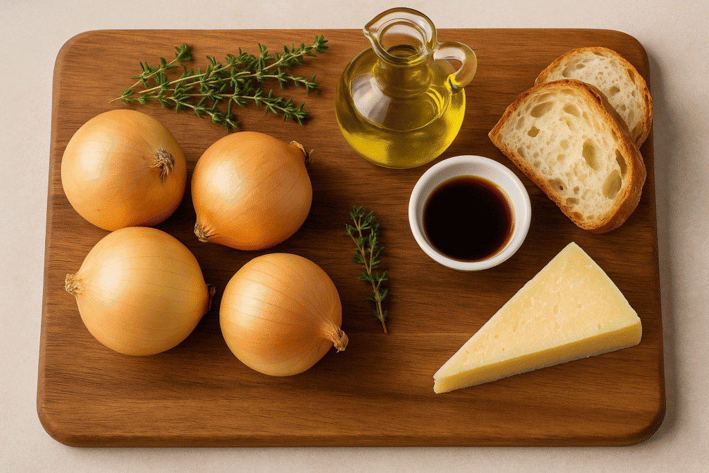 a wooden board with yellow onions, thyme, cheese, olive oil, bread, and sherry on it