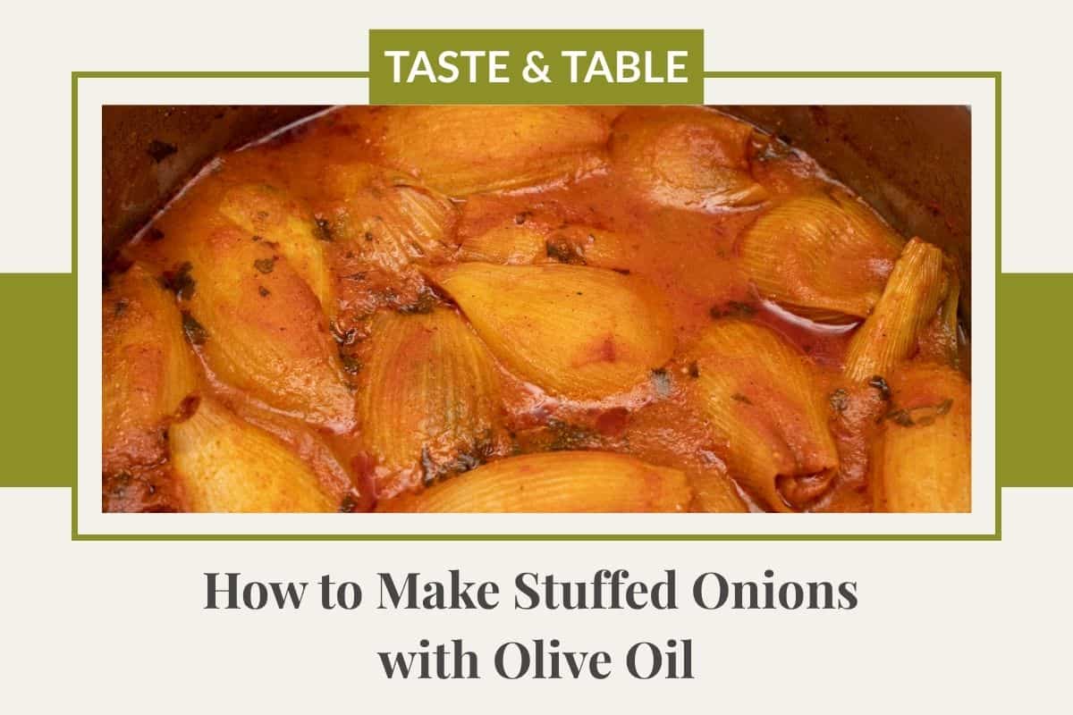 picture of stuffed onions on a cream background with green border and the title on it.